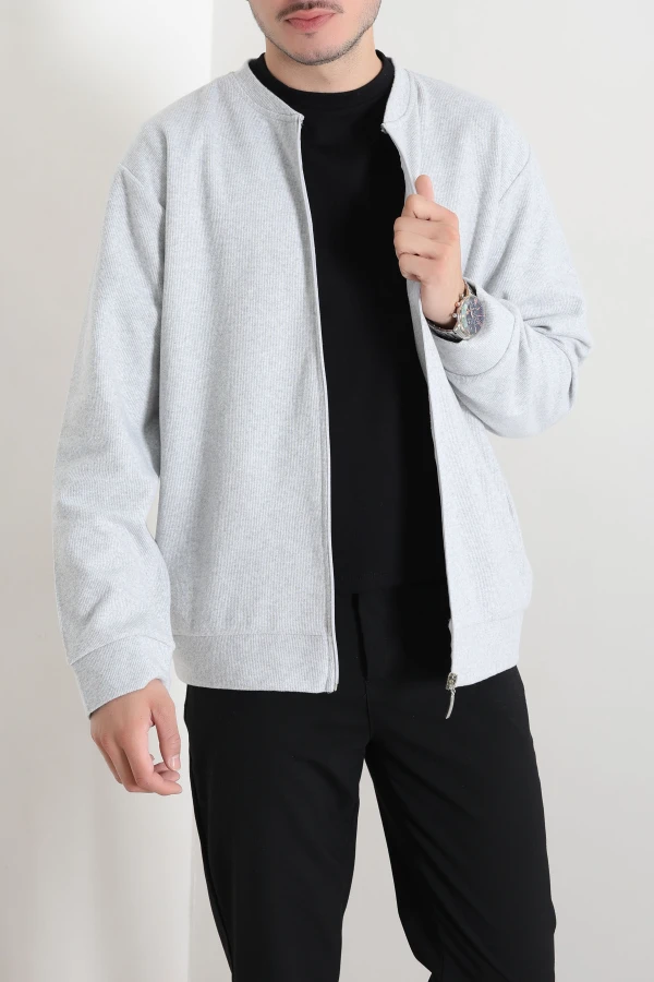 Fermuarlı Selanik Kumaş Erkek Sweat Gri 3