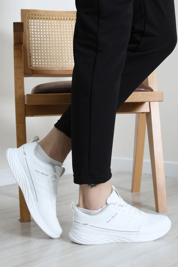 Erkek Beyaz Günlük Spor Ayakkabı Rahat Taban Bağcıklı Sneaker 3