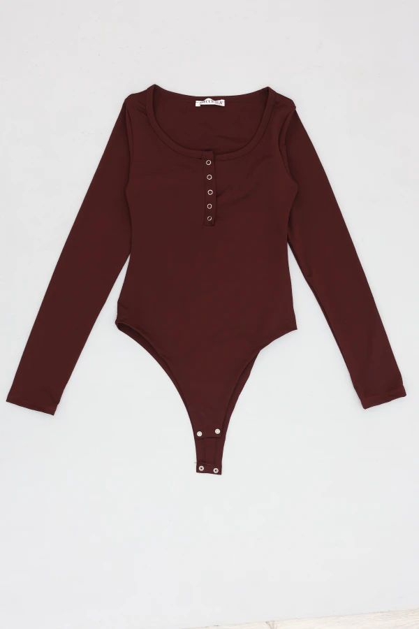 Kadın Bordo Dalgıç Bisiklet Yaka Uzun Kol Çıtçıtlı Body 8