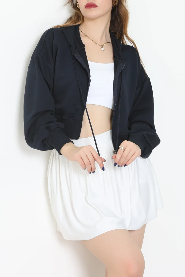 3 İplik Şardonsuz Balon Kol Crop Sweat Lacivert