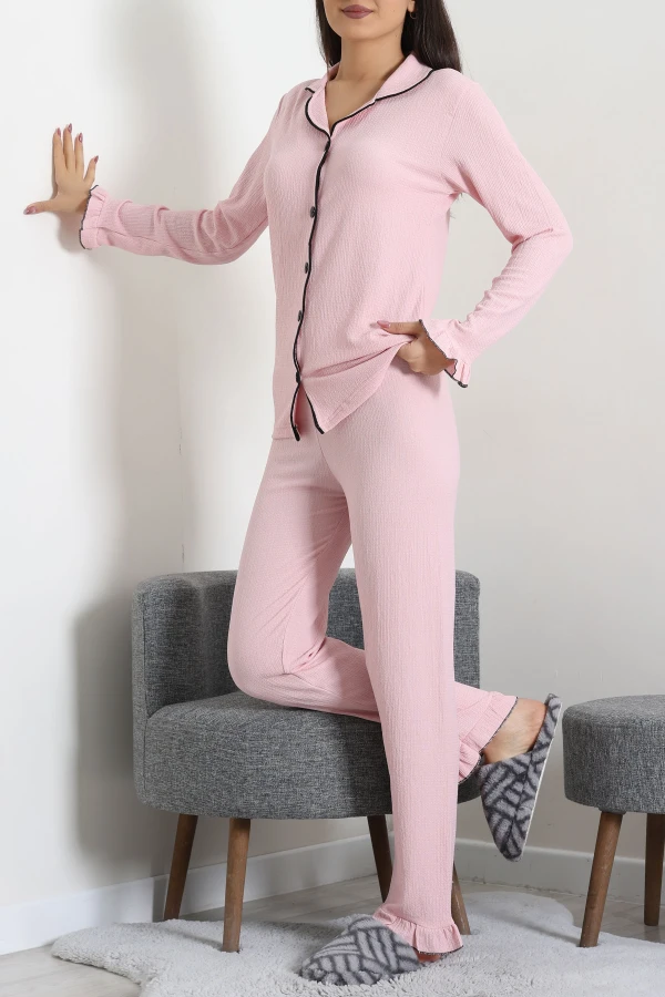 Kadın Pudra Bürümcük Düğmeli Pijama Takımı Rahat Kalıp 6