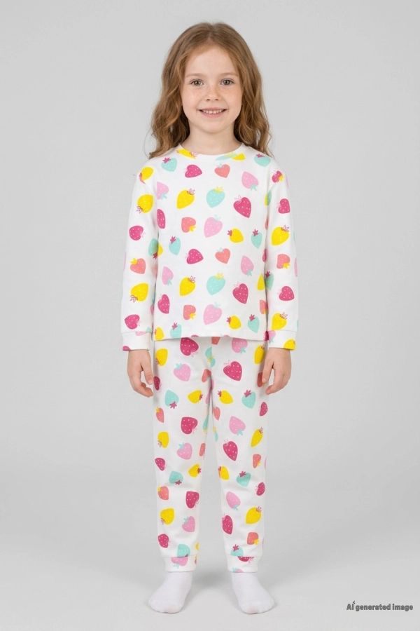 Çocuk Beyazpembe Pamuklu Rahat Kalıp Kız Pijama Takımı