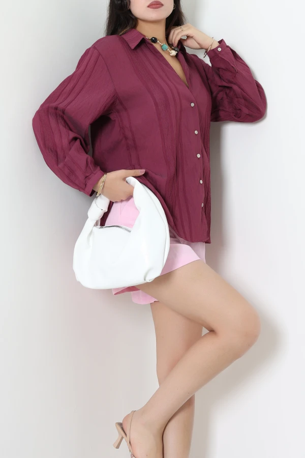 Çizgili Oversize Gömlek Mürdüm 5