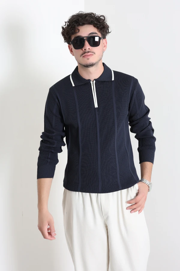 Çizgili Polo Yaka Erkek Triko Sweat Lacivert 3