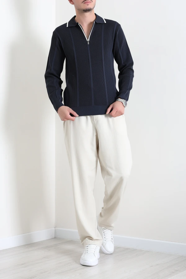 Çizgili Polo Yaka Erkek Triko Sweat Lacivert 4