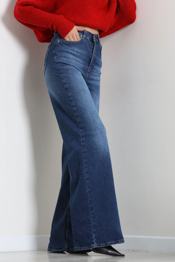 Kadın Mavi Yüksek Bel Wide Leg Bol Paça Kot Pantolon 5