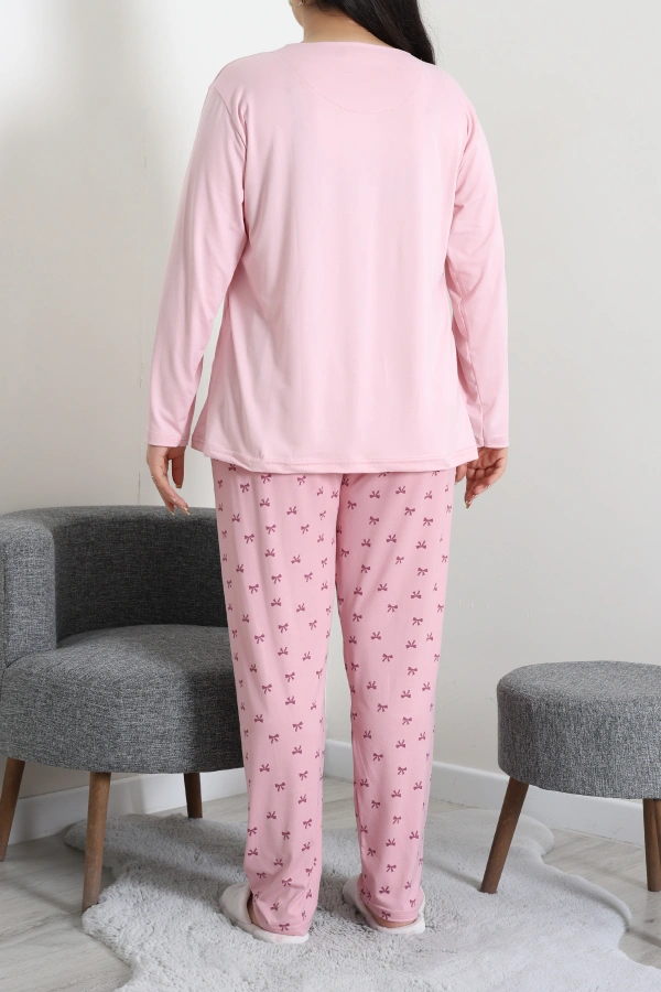 Kadın Pudra Büyük Beden Baskılı Pamuklu Pijama Takımı 6