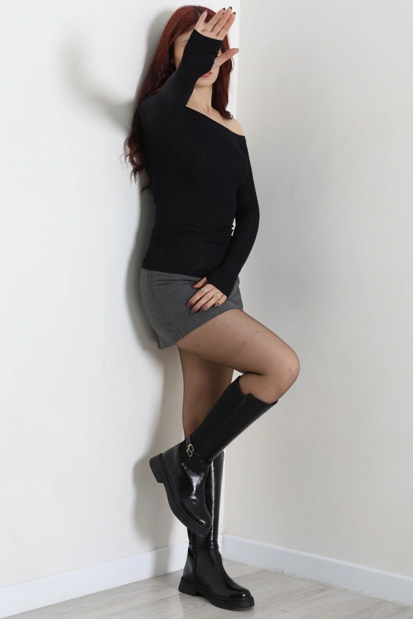 Kadın Siyah Omuz Açık Parmak Geçmeli Basic Body 7