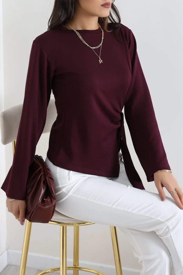 Toka Detaylı Kimono Kol Modal Bluz Mürdüm 5