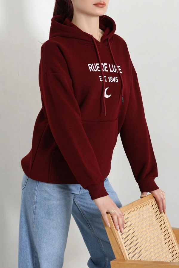 Kapşonlu Baskılı Sweat Bordo