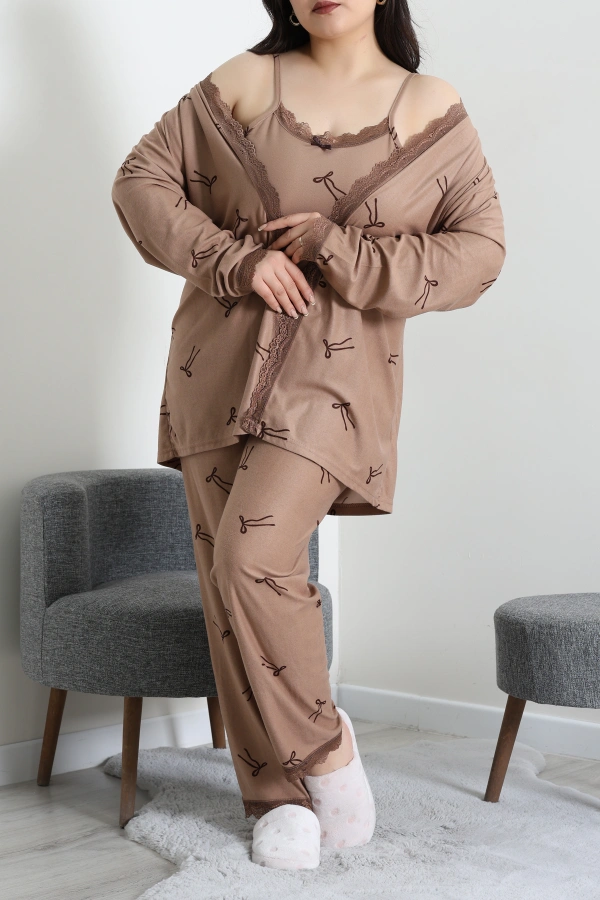 Kadın Vizon Süet 3'lü Büyük Beden Pijama Takımı 5