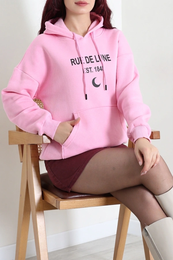 Kapşonlu Baskılı Sweat Pembe