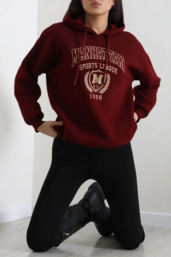 Kadın Bordo Üç İplik Kapüşonlu Baskılı Sweat Tunik 2