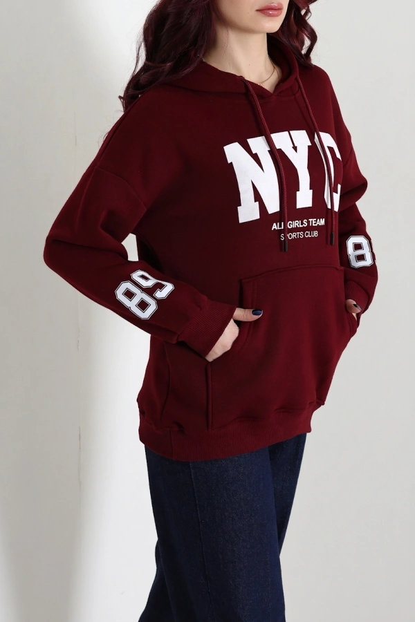 Kadın Bordo Kapüşonlu Baskılı Sweat Tunik 5
