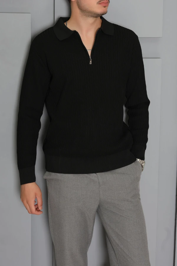 Fermuarlı Polo Yaka Erkek Triko Sweat Siyah 2
