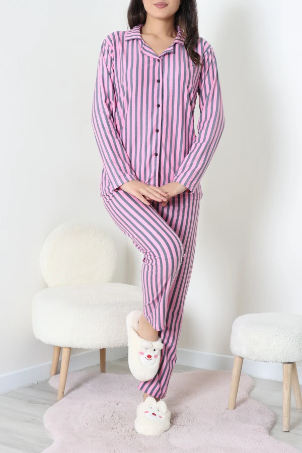 Süet Düğmeli Pijama Takımı Pembefüme 2