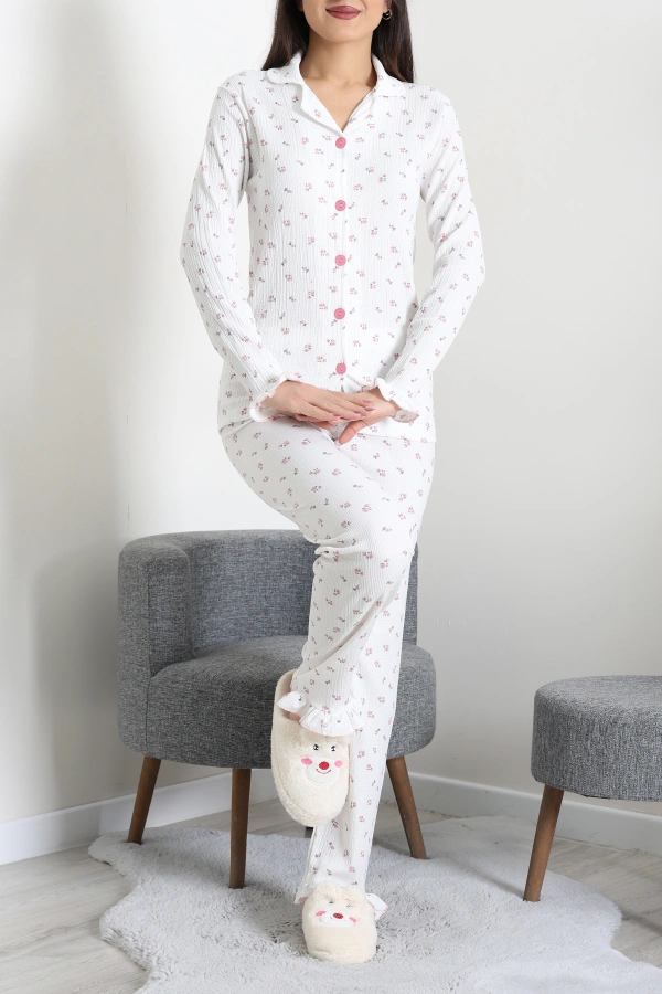 Kadın Beyazpembe Bürümcük Düğmeli Rahat Pijama Takımı 5