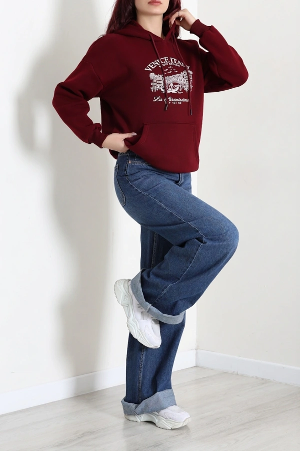 Kapşonlu Baskılı Sweat Bordo 6