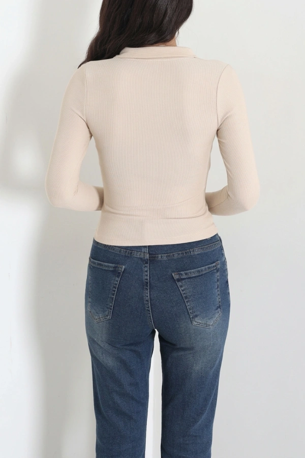 Polo Yaka Fermuarlı Body Bej 7