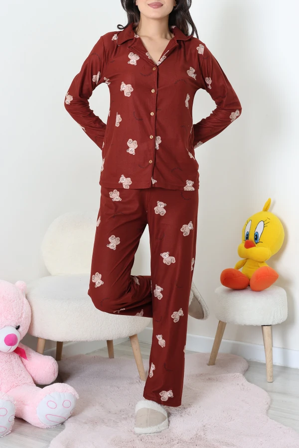 Süet Düğmeli Pijama Takımı Kiremit 5