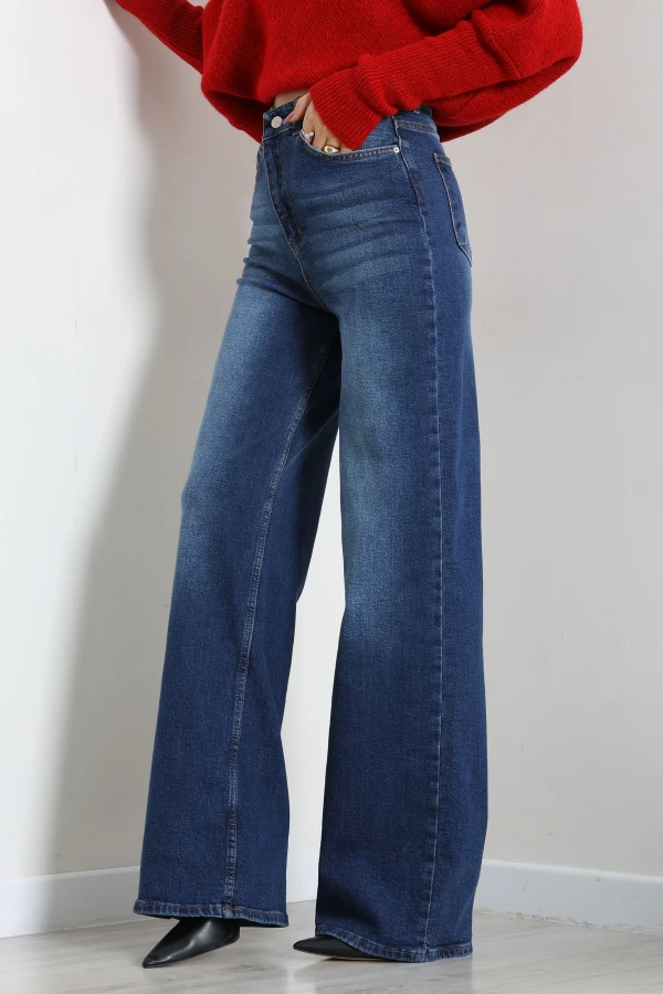 Kadın Mavi Yüksek Bel Wide Leg Bol Paça Kot Pantolon 3