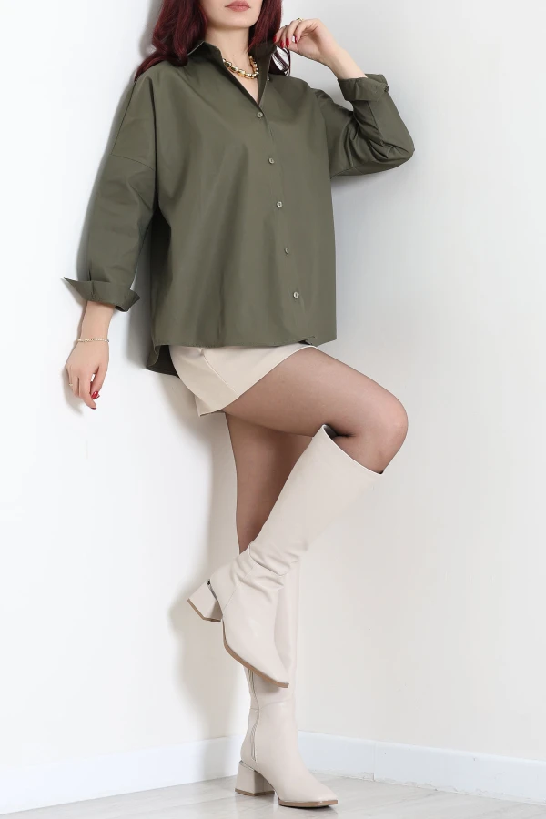 Oversize Poplin Gömlek Haki 4