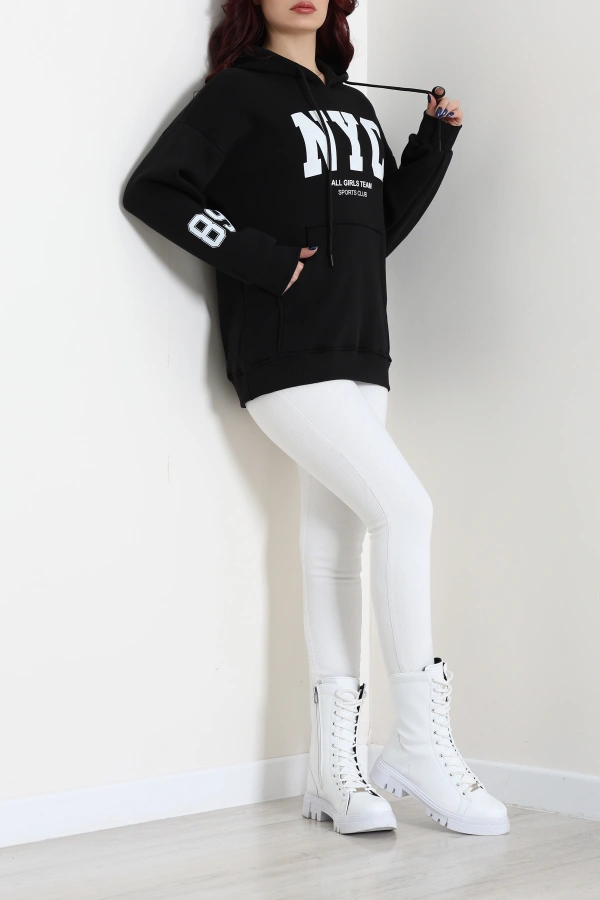 Kadın Siyah Kapüşonlu Baskılı Oversize Sweat 6