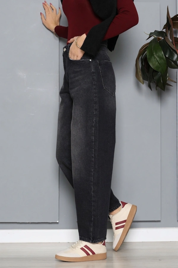 Kadın Koyu Füme Baggy Fit Yüksek Bel Kot Pantolon 5