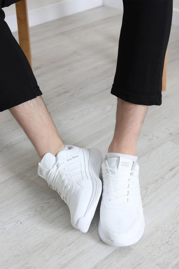 Erkek Beyaz Günlük Spor Ayakkabı Rahat Taban Bağcıklı Sneaker 5