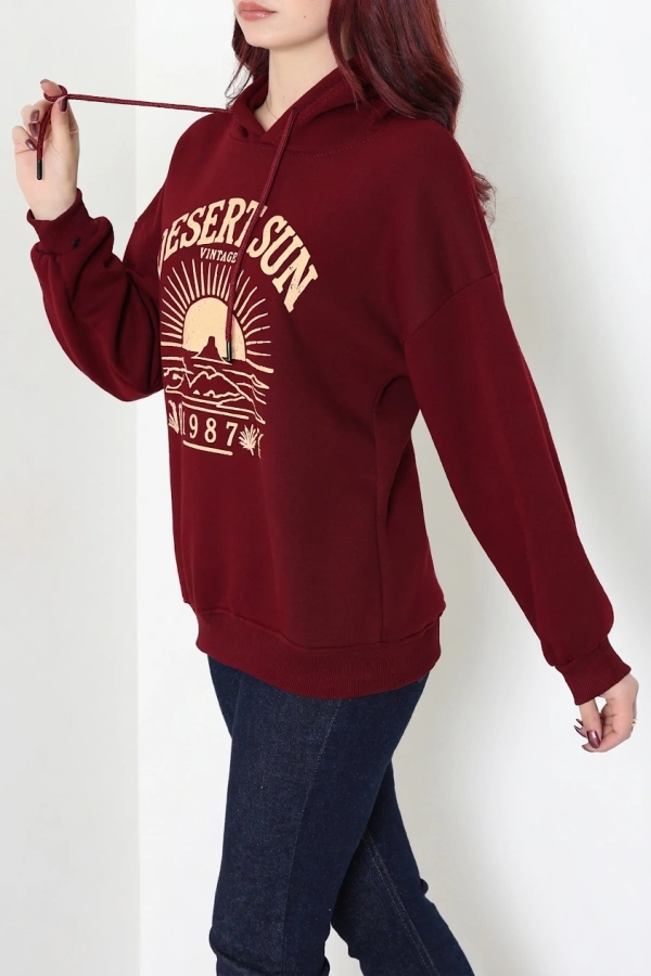 Kadın Bordo Üç İplik Kapüşonlu Baskılı Sweat Tunik 5