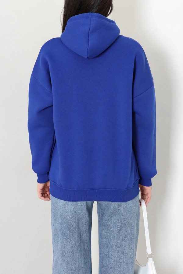 Kadın Saks Üç İplik Kapüşonlu Nakışlı Sweat Tunik 8