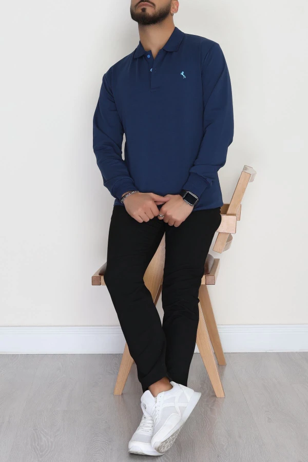 Erkek Lacivert 2 İplik Likralı Polo Yaka Sweatshirt 6