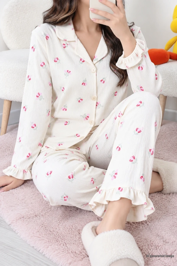 Bürümcük Fırfırlı Düğmeli Pijama Takımı Ekru