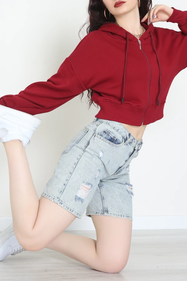 3 İplik Şardonsuz Balon Kol Crop Sweat Bordo 6