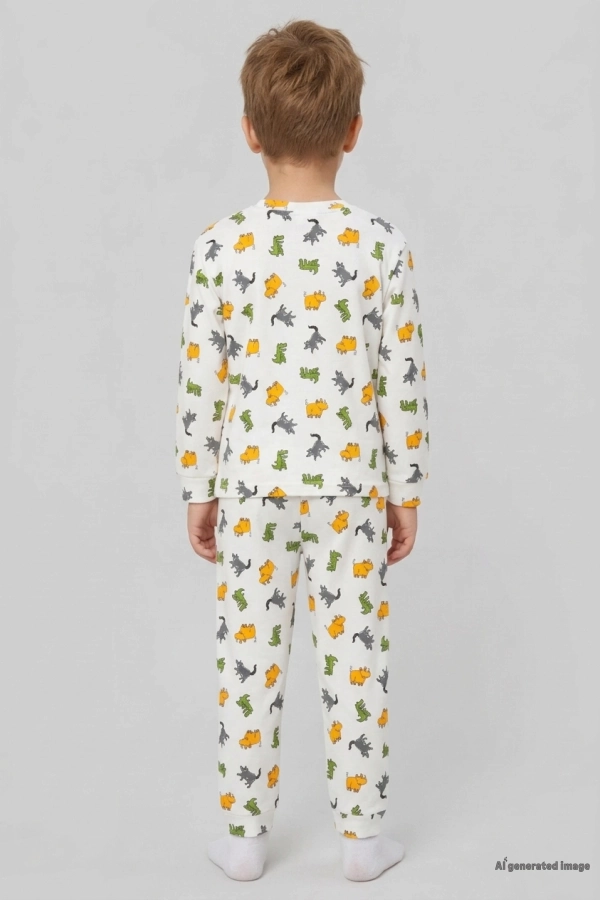 Erkek Çocuk Beyaz Turuncu Pamuklu Rahat Kalıp Pijama Takımı 3