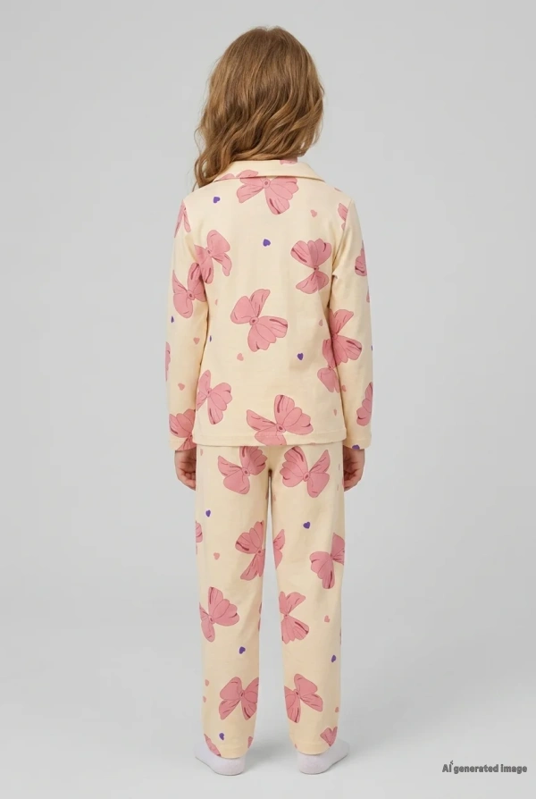 Çocuk Bej Baskılı Süet Düğmeli 5-12 Yaş Pijama Takımı 3