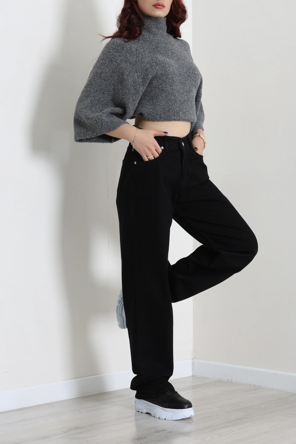 Kadın Siyah Baggy Fit Yüksek Bel Bol Paça Kot Pantolon 6