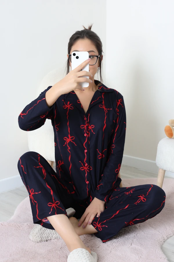 Süet Düğmeli Pijama Takımı Lacivertkırmızı 2