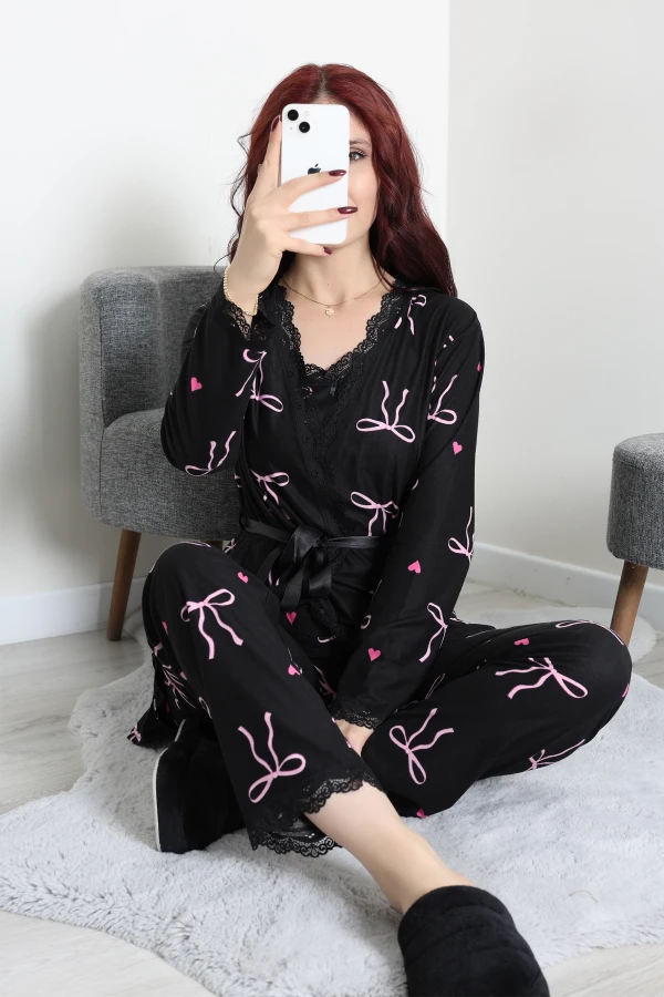 Süet 3'Lü Pijama Set Siyahkurdele