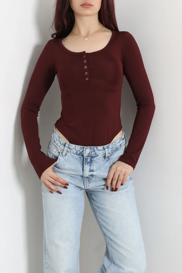 Kadın Bordo Dalgıç Bisiklet Yaka Uzun Kol Çıtçıtlı Body 3