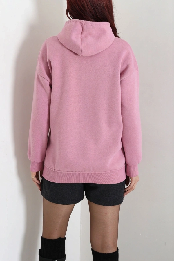 Üç İplik Kapşonlu Baskılı Sweat Pembe 8