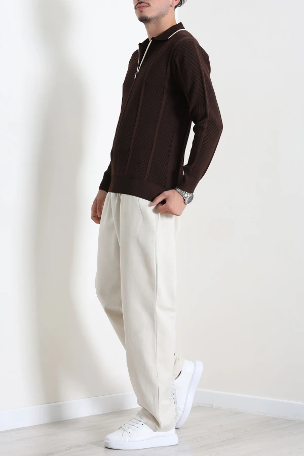 Çizgili Polo Yaka Erkek Triko Sweat Kahve 6