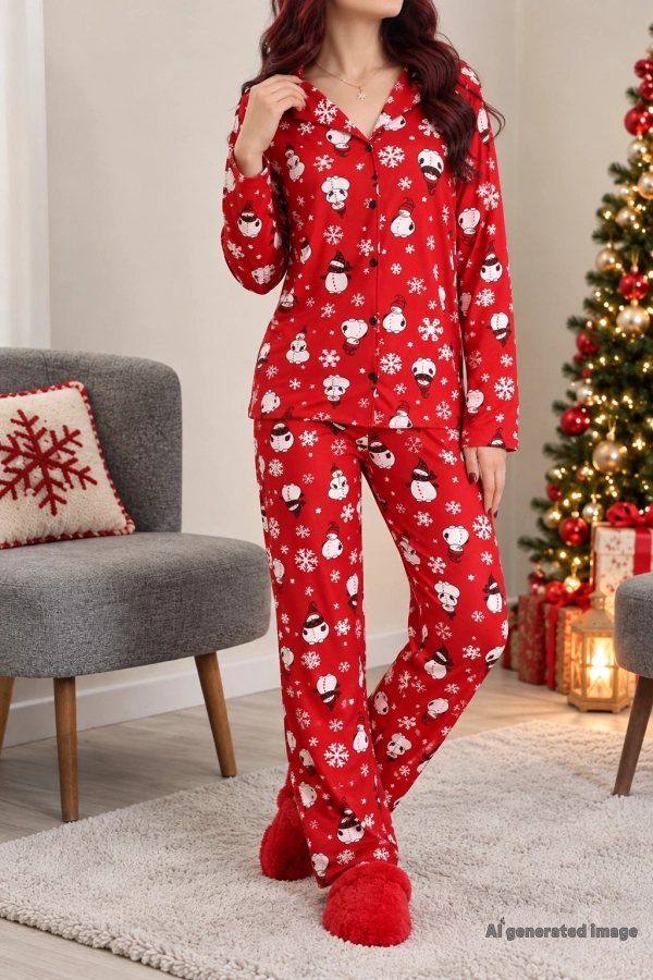 Kadın Kırmızı Beyaz Süet Düğmeli Rahat Pijama Takımı