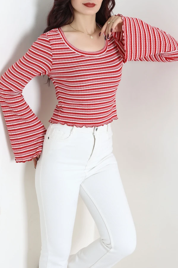 Çizgili Crop Bluz Kırmızı 5