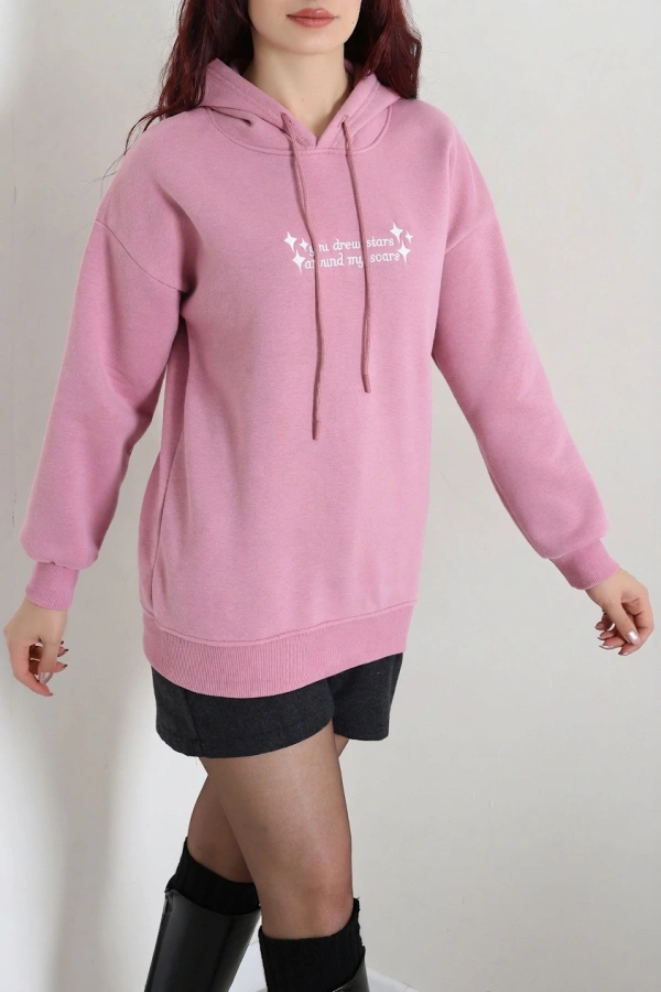 Üç İplik Kapşonlu Baskılı Sweat Pembe 5