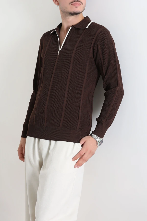 Çizgili Polo Yaka Erkek Triko Sweat Kahve