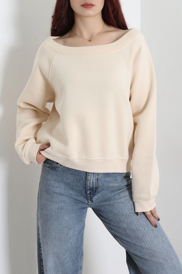 Kadın Bej 3 İplik Şardonlu Kayık Yaka Sweatshirt 3