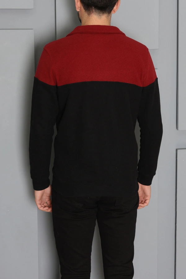 Selanik Yarım Fermuarlı Garnili Erkek Sweat Siyahbordo 7