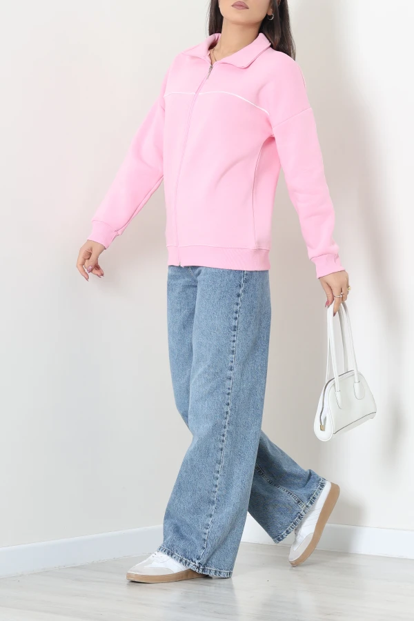 Kadın Pembe Oversize Biye Detaylı 3 İplik Kompakt Sweat 6