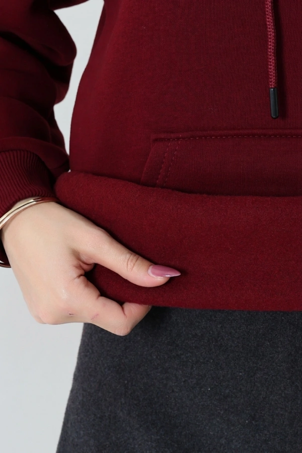 Kadın Bordo Üç İplik Kapüşonlu Nakışlı Sweatshirt 7